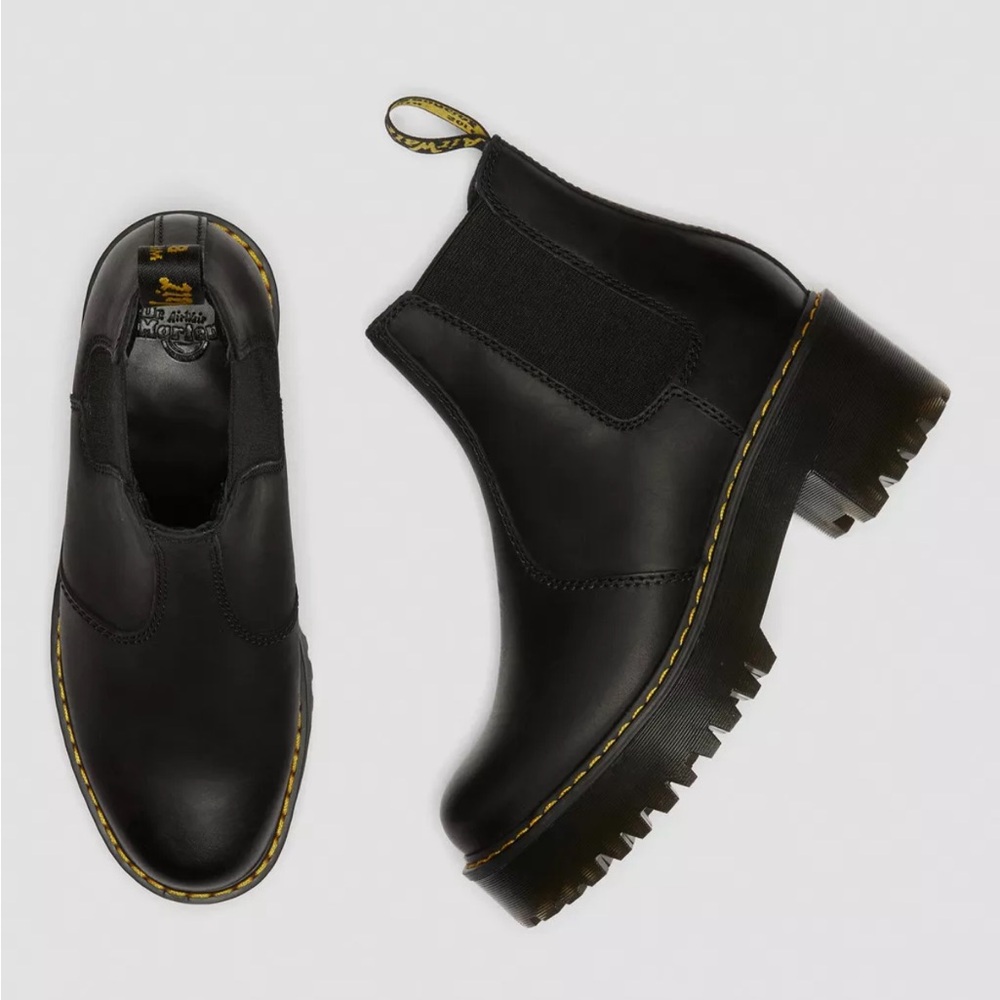 Dr. Martens Black Leather Lug Sole Chelsea Boots with Yellow Stitching
